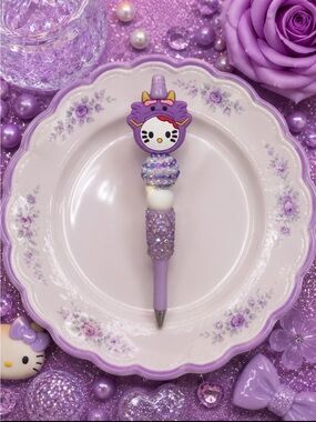 Lavender Cat-Unicorn Beaded Ballpoint Pen - Purple